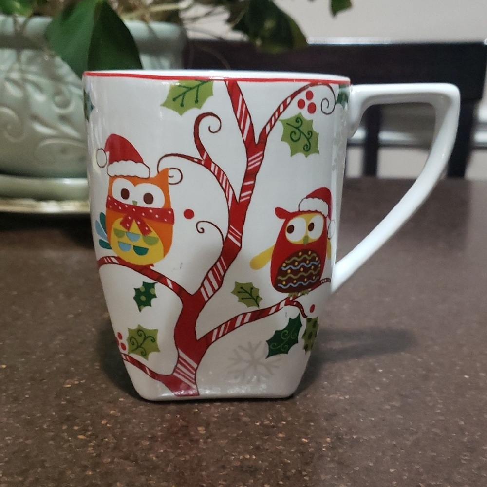 222 Fifth PTS Mug, Large Coffee Mug, Enchanted Wood Holiday Design, Red Trim Owl